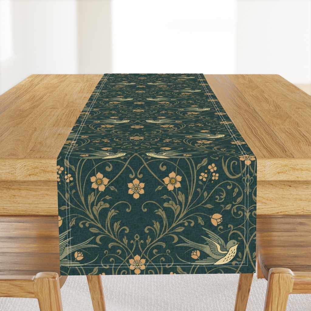 Vintage Swallows & Scrolling Florals Morris Style Arts & Crafts – Forest — table-runner