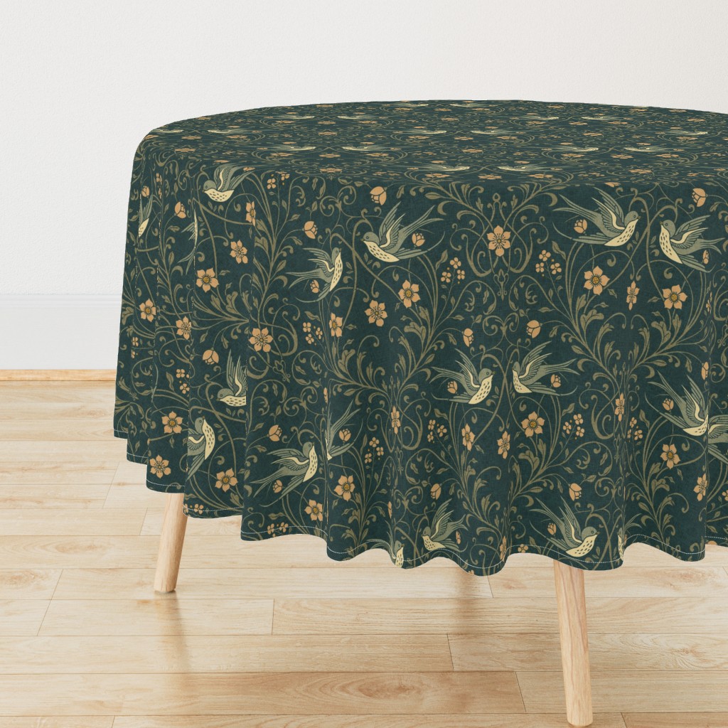 Vintage Swallows & Scrolling Florals Morris Style Arts & Crafts – Forest — tablecloth