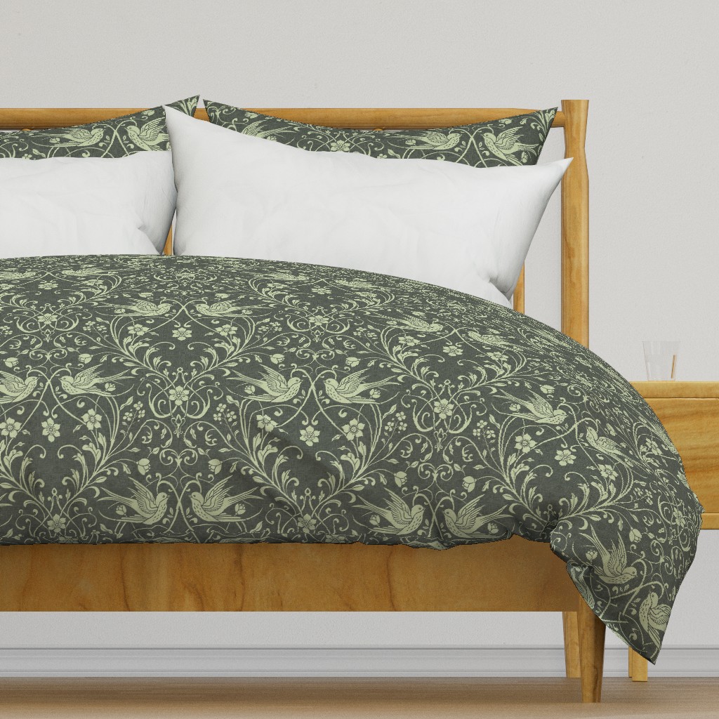 Vintage Swallows & Scrolling Florals Morris Style Arts & Crafts – Moss Fern — duvet-cover
