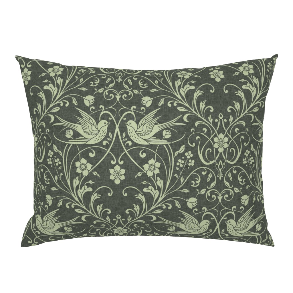Vintage Swallows & Scrolling Florals Morris Style Arts & Crafts – Moss Fern — pillow-sham
