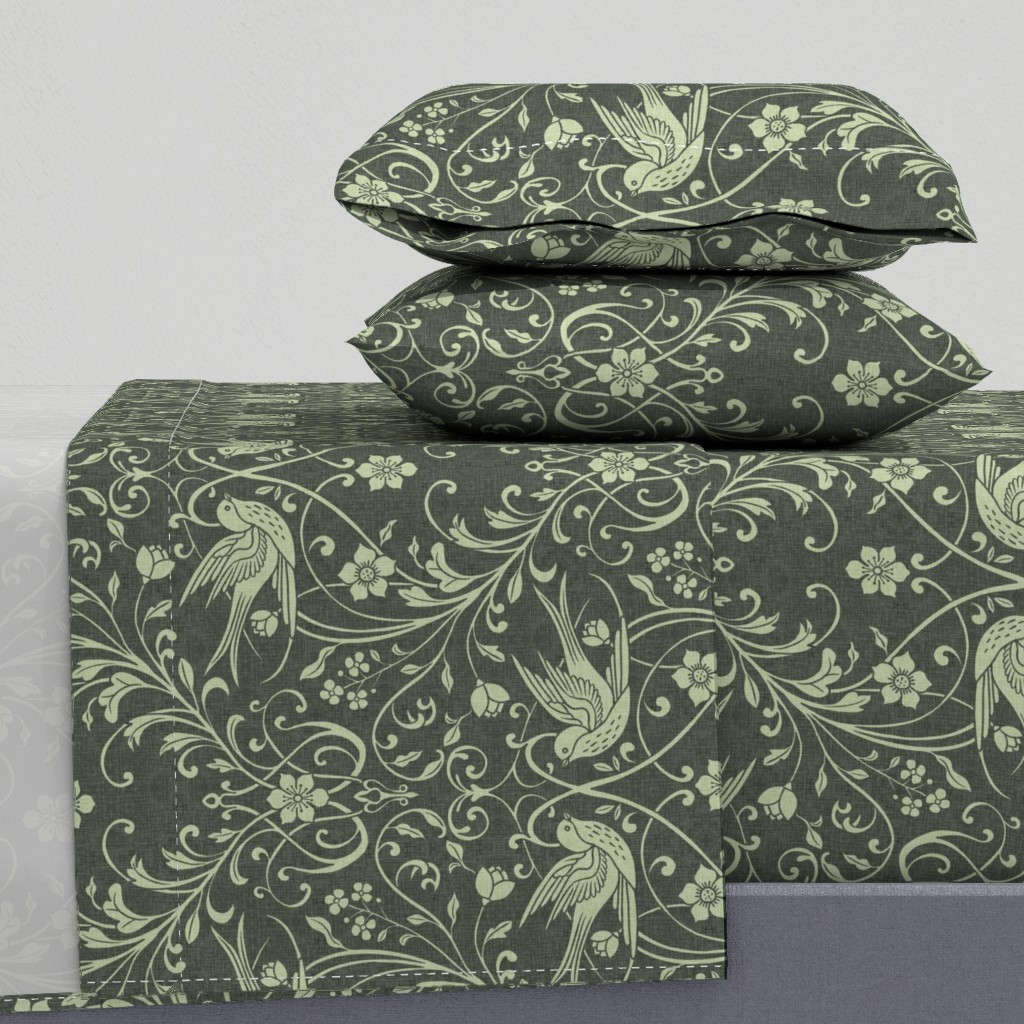 Vintage Swallows & Scrolling Florals Morris Style Arts & Crafts – Moss Fern — sheet-set
