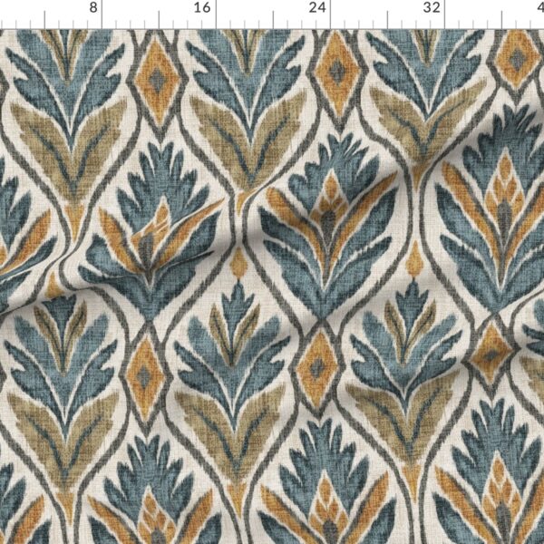 Boho Ikat Leaves Botanical Linen Textured Wide Ogee Medallions in Indigo