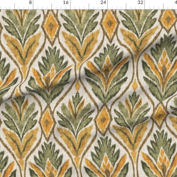 Boho Ikat Leaves Botanical Linen Textured Wide Ogee Medallions in Sage