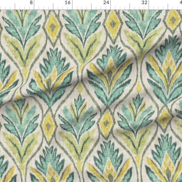 Boho Ikat Leaves Botanical Linen Textured Wide Ogee Medallions in Jade