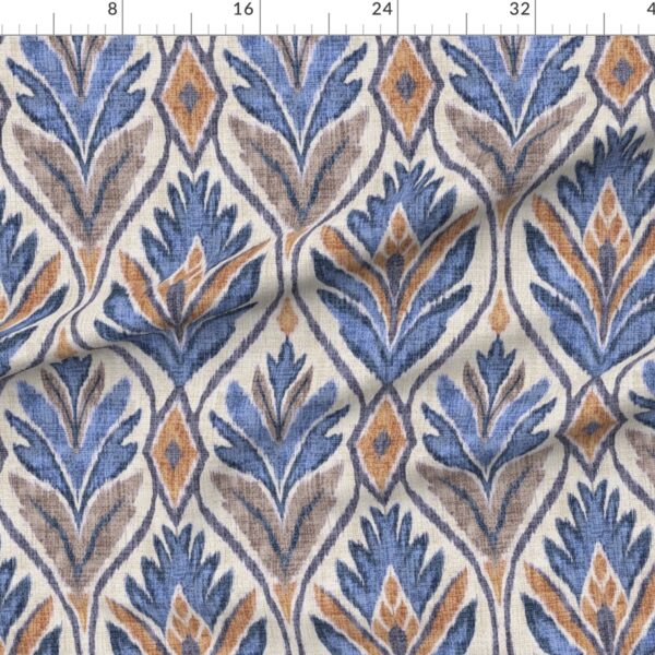 Boho Ikat Leaves Botanical Linen Textured Wide Ogee Medallions in Denim