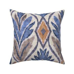 Boho Ikat Leaves Botanical Linen Textured Wide Ogee Medallions in Denim
