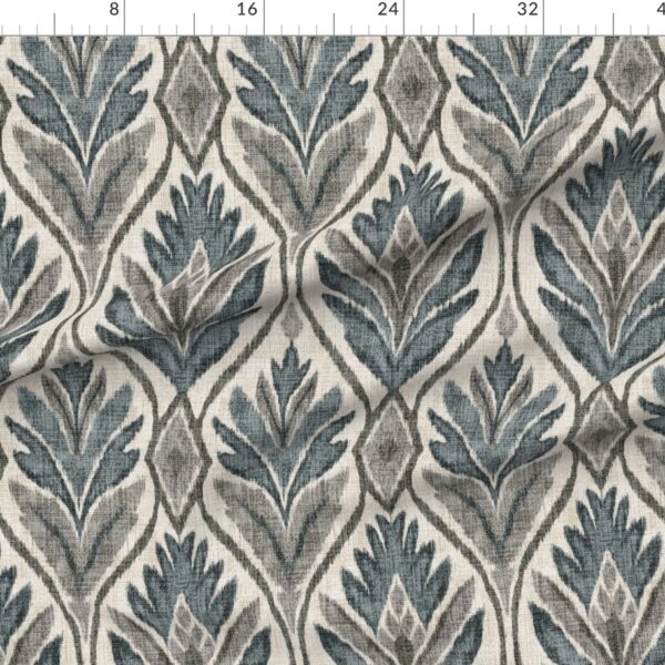 Boho Ikat Leaves Botanical Linen Textured Wide Ogee Medallions in Ash Gray
