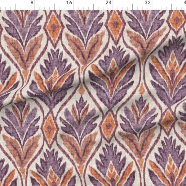 Boho Ikat Leaves Botanical Linen Textured Wide Ogee Medallions in Plum