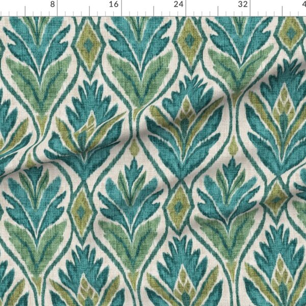 Boho Ikat Leaves Botanical Linen Textured Wide Ogee Medallions in Teal
