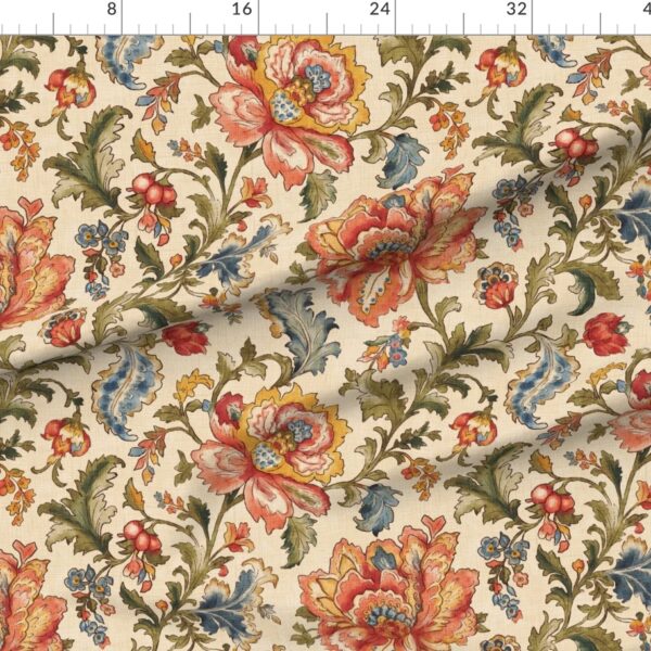 Traditional Jacobean Chintz Revival Floral Botanical Scrollwork in Ivory