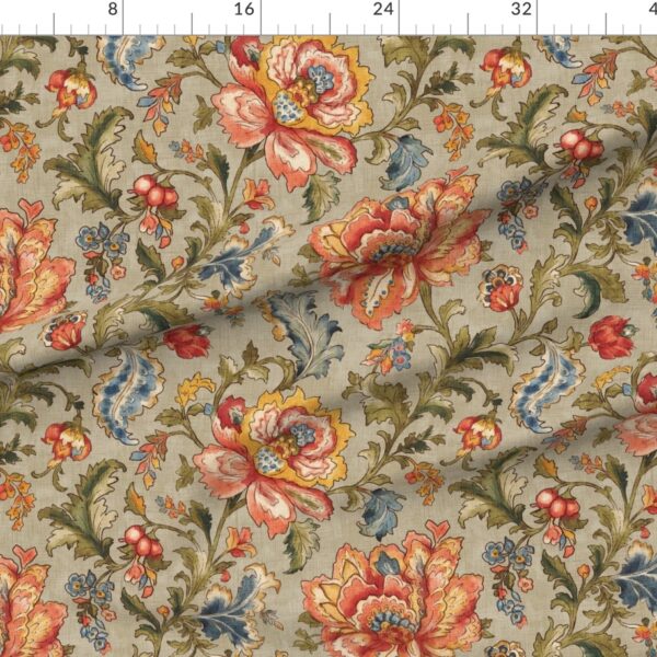 Traditional Jacobean Chintz Revival Floral Botanical Scrollwork in Beige