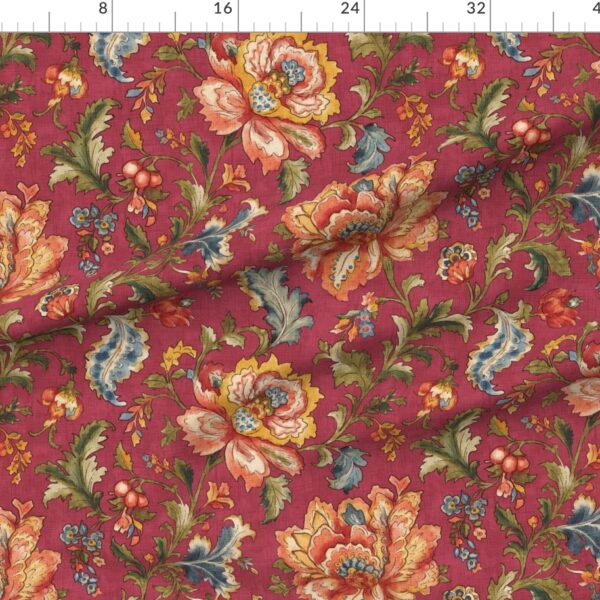 Traditional Jacobean Chintz Revival Floral Botanical Scrollwork in Crimson