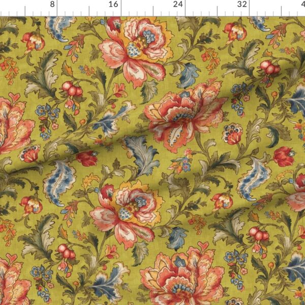 Traditional Jacobean Chintz Revival Garden Floral Scrollwork in Pistachio