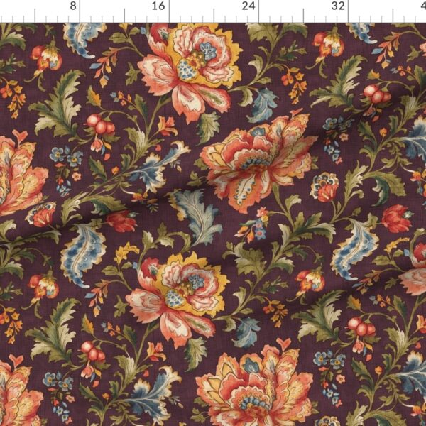 Traditional Jacobean Chintz Revival Floral Botanical Scrollwork in Plum
