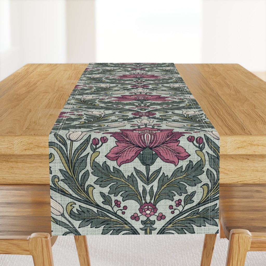 Victorian Botanical Tulip Damask Acanthus Floral Trellis Wallpaper in Plum — table-runner