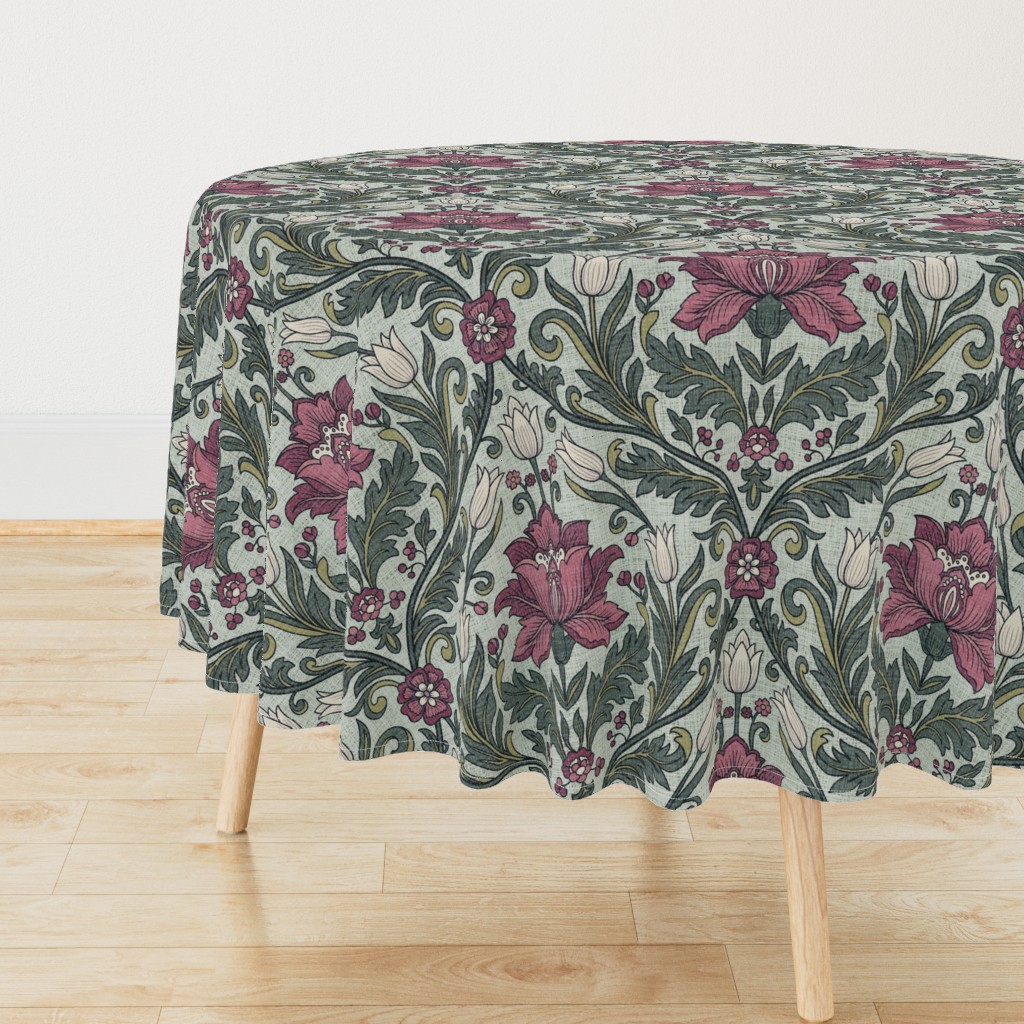 Victorian Botanical Tulip Damask Acanthus Floral Trellis Wallpaper in Plum — tablecloth