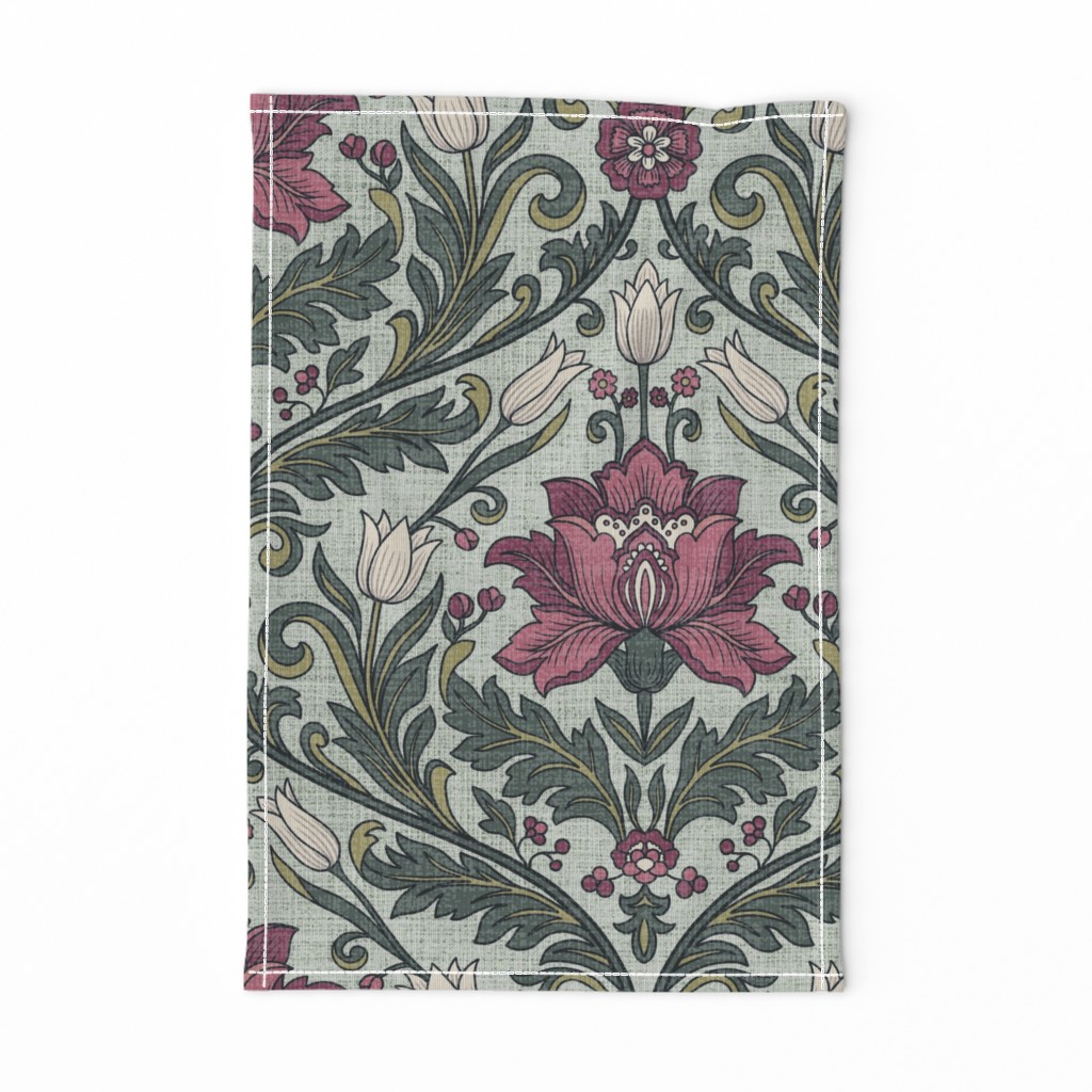 Victorian Botanical Tulip Damask Acanthus Floral Trellis Wallpaper in Plum — tea-towel