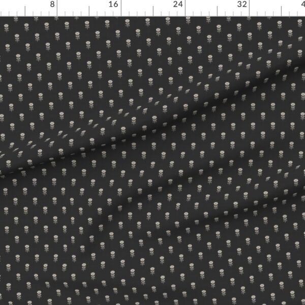 Rustic Block Print Tulip Folk Floral Medium Scale Linen Texture Jet Black