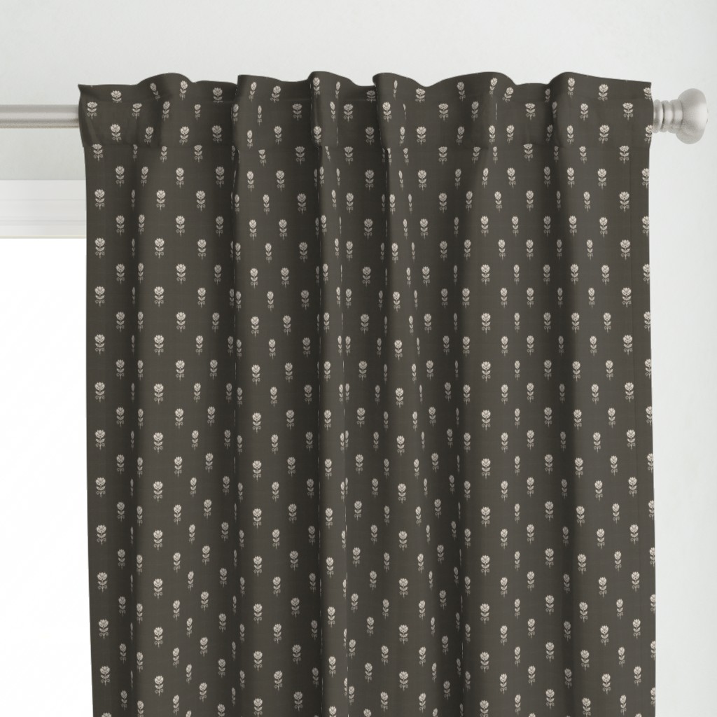 Rustic Block Print Tulip Folk Floral Medium Scale Linen Texture Deep Umber — curtains