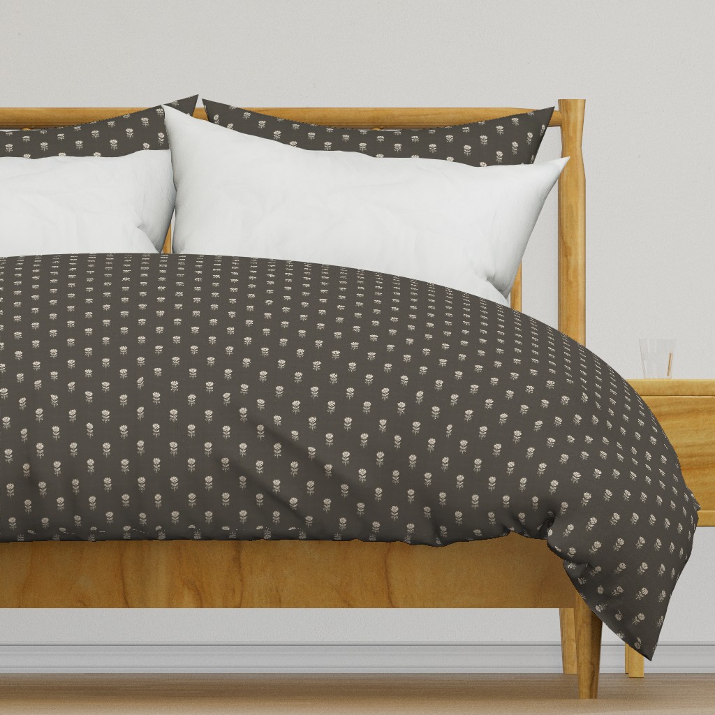 Rustic Block Print Tulip Folk Floral Medium Scale Linen Texture Deep Umber — duvet-cover