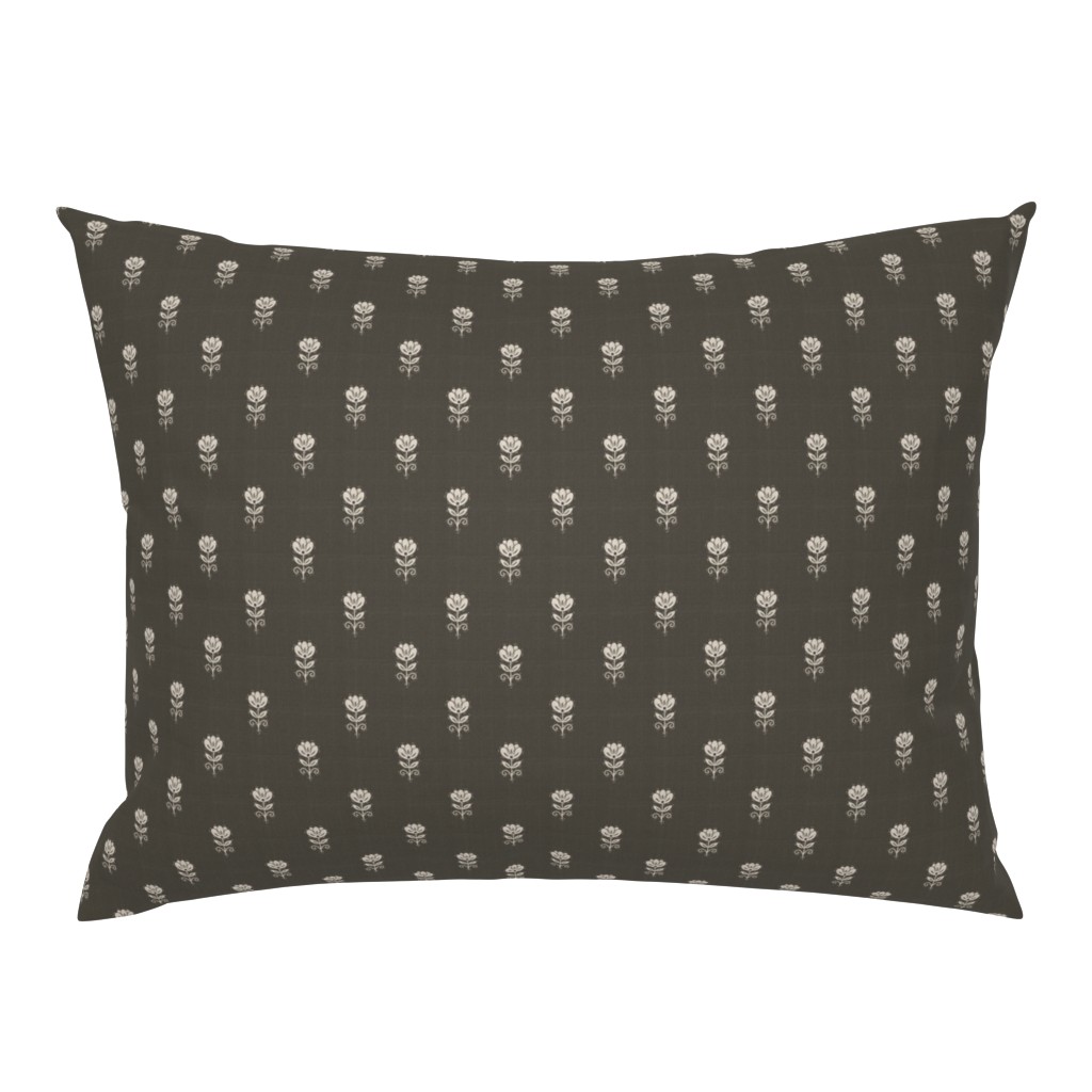 Rustic Block Print Tulip Folk Floral Medium Scale Linen Texture Deep Umber — pillow-sham