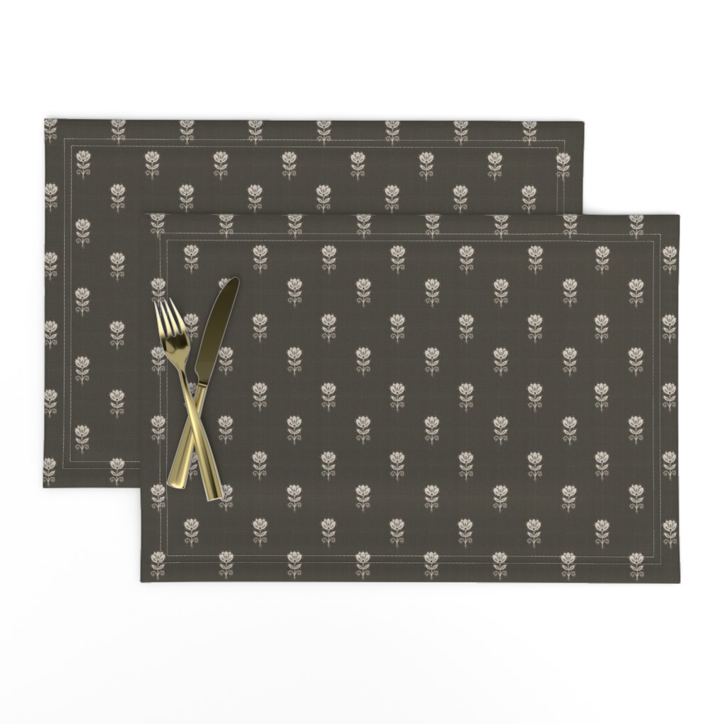 Rustic Block Print Tulip Folk Floral Medium Scale Linen Texture Deep Umber — placemat