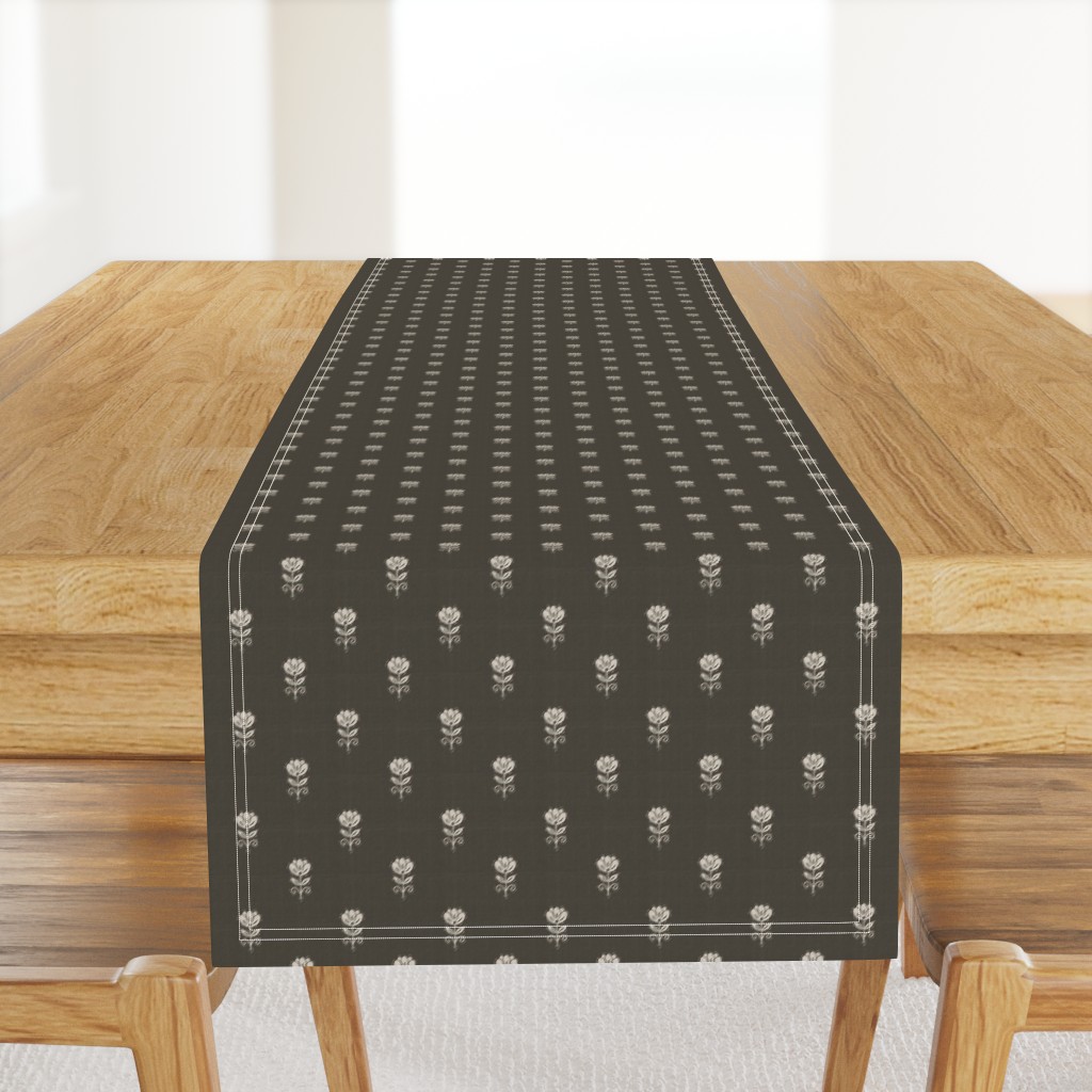 Rustic Block Print Tulip Folk Floral Medium Scale Linen Texture Deep Umber — table-runner