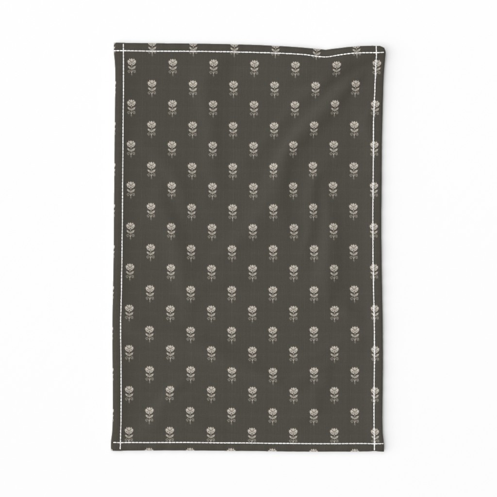 Rustic Block Print Tulip Folk Floral Medium Scale Linen Texture Deep Umber — tea-towel