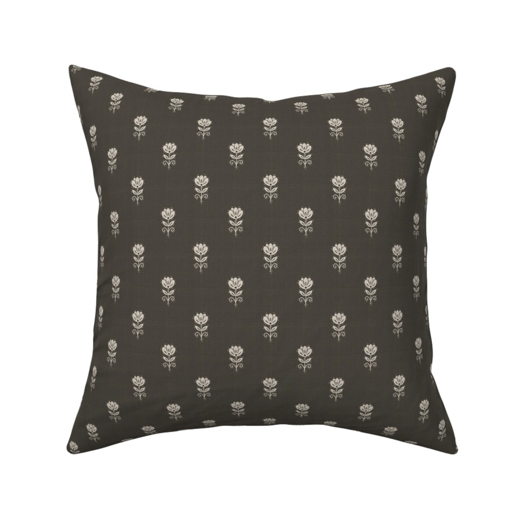 Rustic Block Print Tulip Folk Floral Medium Scale Linen Texture Deep Umber — throw-pillow