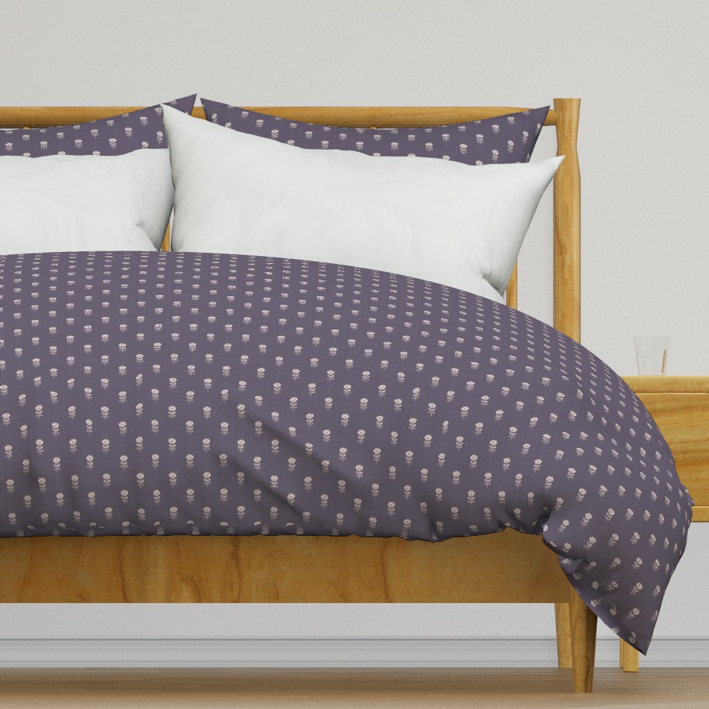 Rustic Block Print Tulip Folk Floral Medium Scale Linen Texture Lavender — duvet-cover