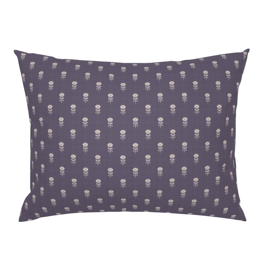 Rustic Block Print Tulip Folk Floral Medium Scale Linen Texture Lavender — pillow-sham