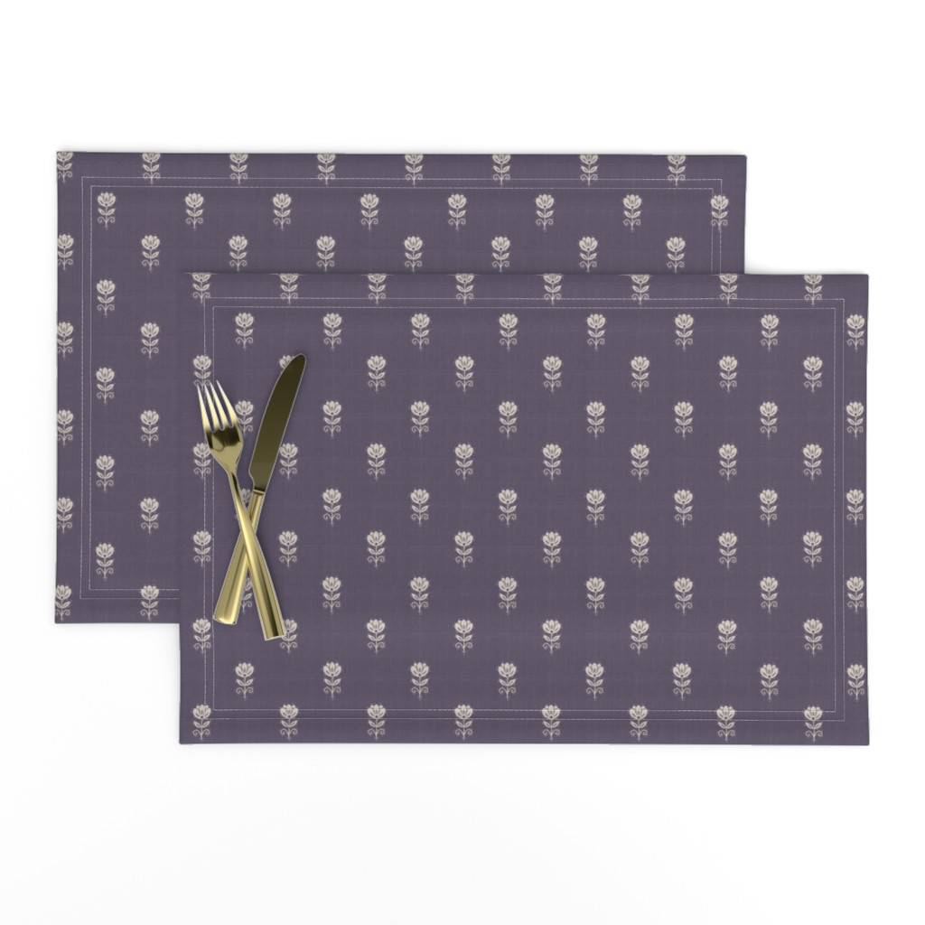 Rustic Block Print Tulip Folk Floral Medium Scale Linen Texture Lavender — placemat
