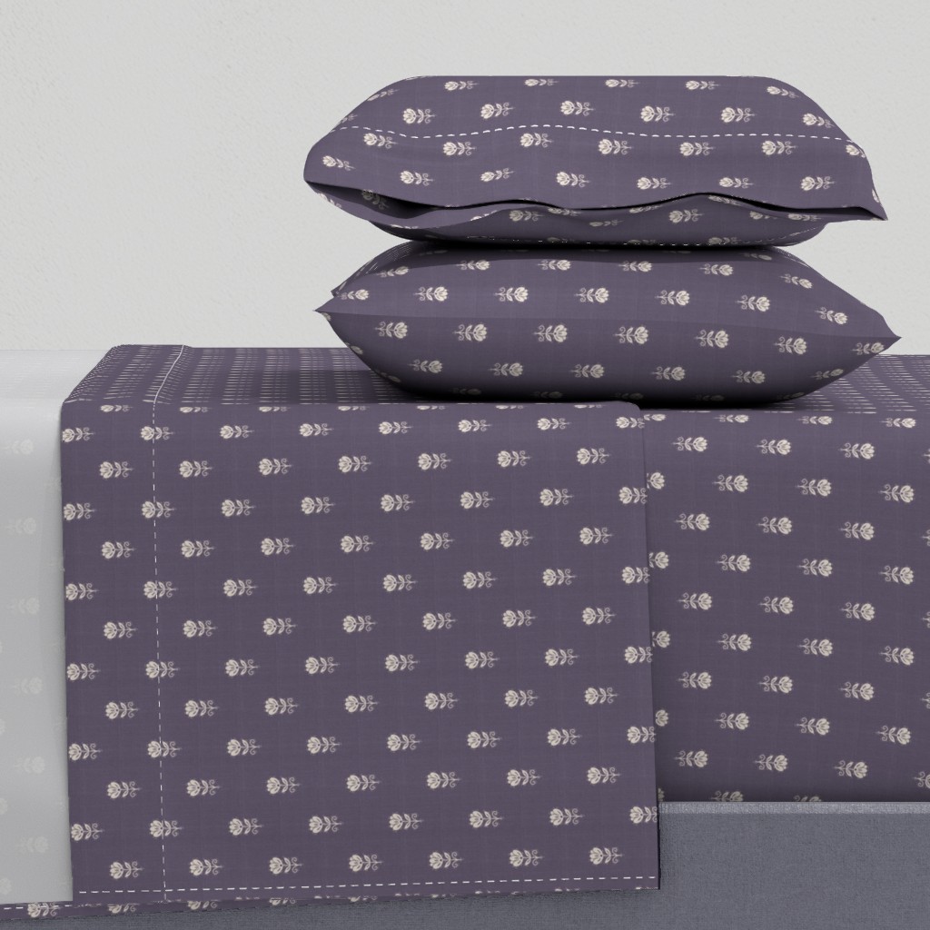 Rustic Block Print Tulip Folk Floral Medium Scale Linen Texture Lavender — sheet-set