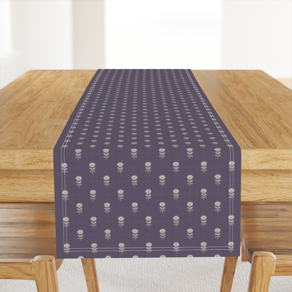 Rustic Block Print Tulip Folk Floral Medium Scale Linen Texture Lavender — table-runner