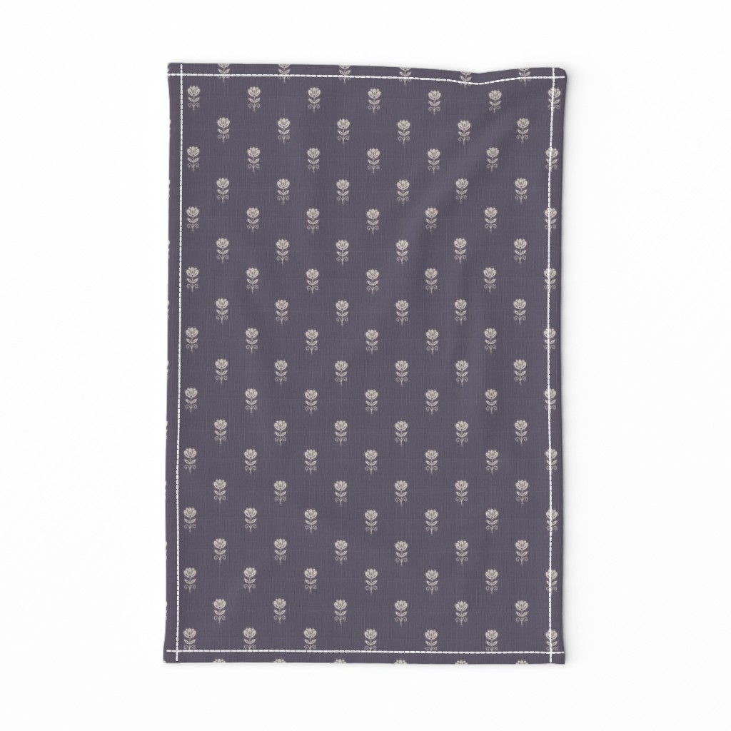 Rustic Block Print Tulip Folk Floral Medium Scale Linen Texture Lavender — tea-towel