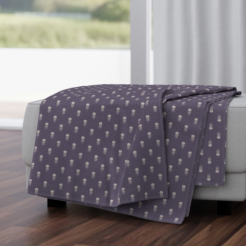 Rustic Block Print Tulip Folk Floral Medium Scale Linen Texture Lavender — throw-blanket