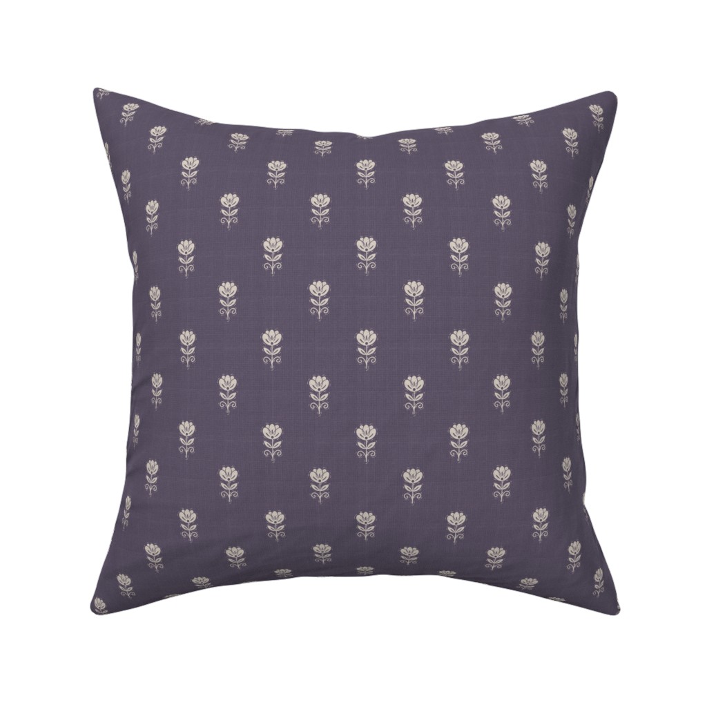 Rustic Block Print Tulip Folk Floral Medium Scale Linen Texture Lavender — throw-pillow