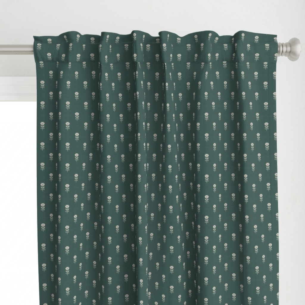 Rustic Block Print Tulip Folk Floral Medium Scale Linen Texture Deep Teal — curtains