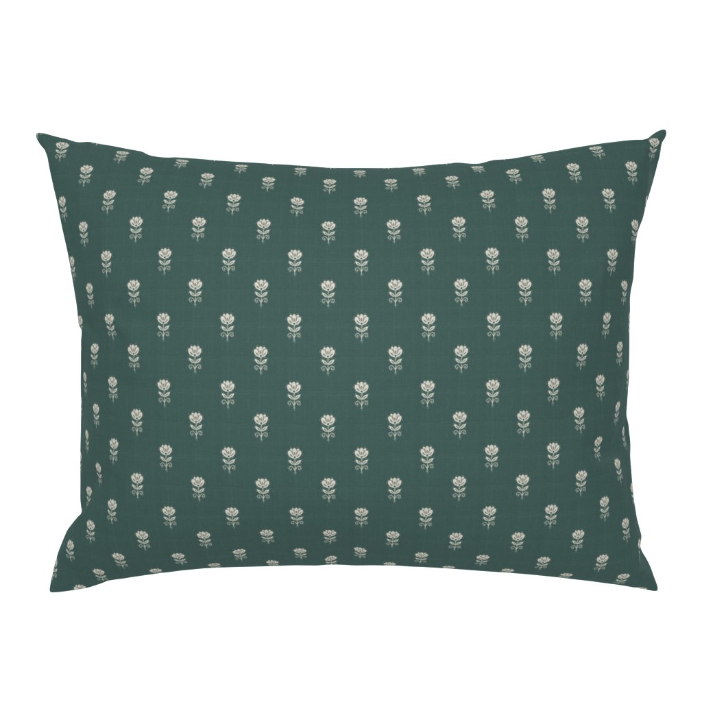 Rustic Block Print Tulip Folk Floral Medium Scale Linen Texture Deep Teal — pillow-sham