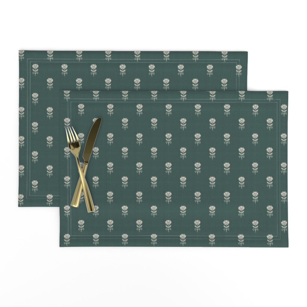 Rustic Block Print Tulip Folk Floral Medium Scale Linen Texture Deep Teal — placemat