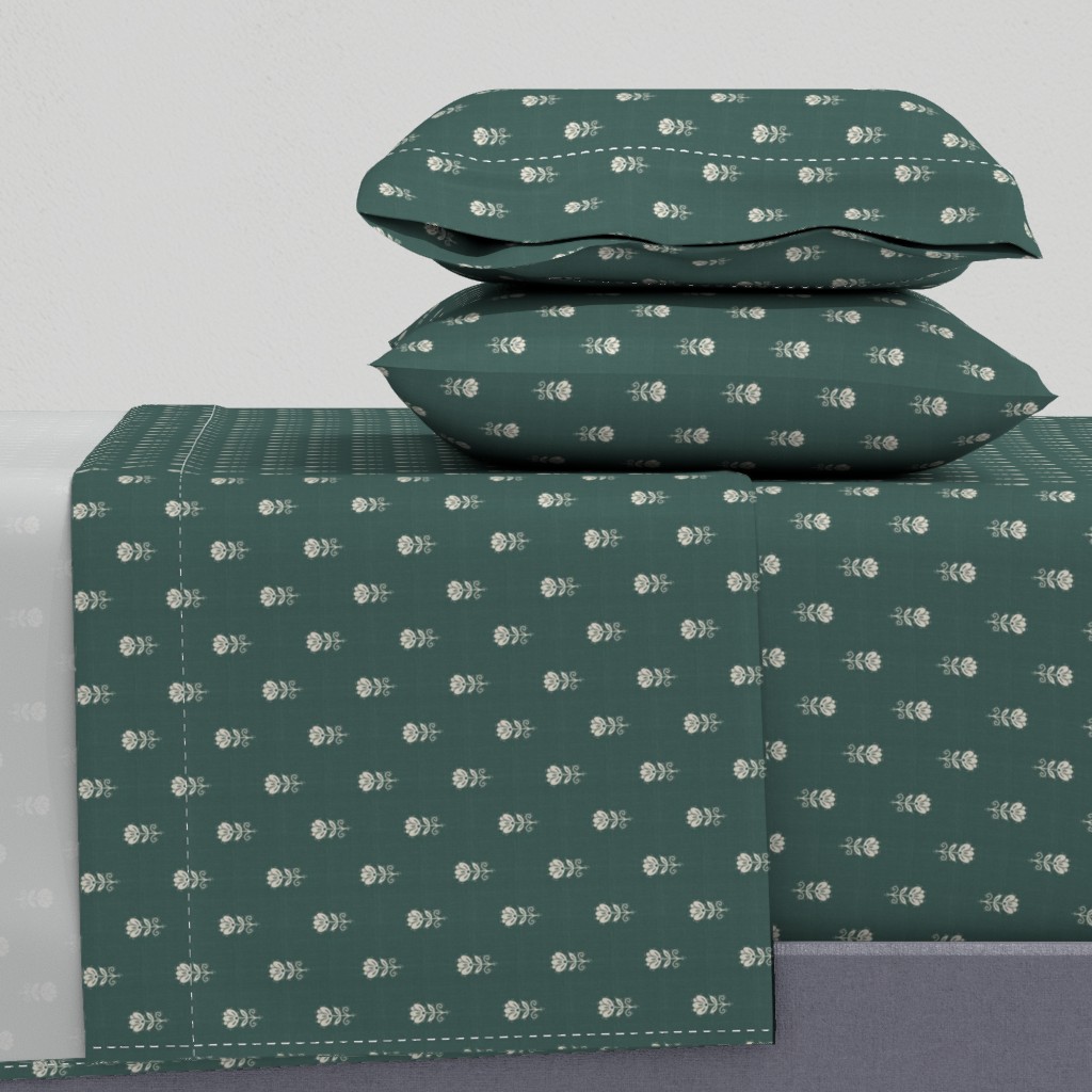 Rustic Block Print Tulip Folk Floral Medium Scale Linen Texture Deep Teal — sheet-set