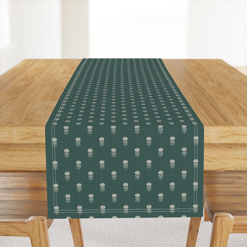 Rustic Block Print Tulip Folk Floral Medium Scale Linen Texture Deep Teal — table-runner