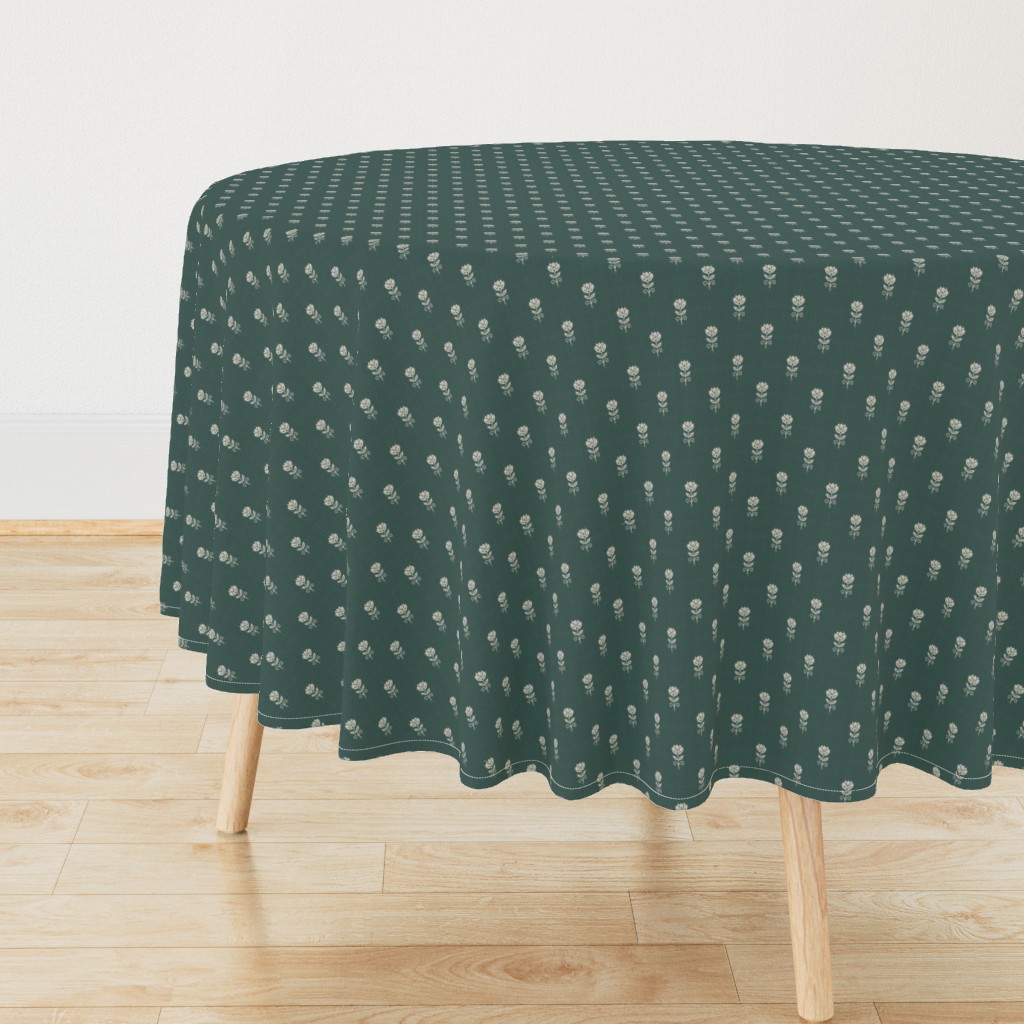 Rustic Block Print Tulip Folk Floral Medium Scale Linen Texture Deep Teal — tablecloth