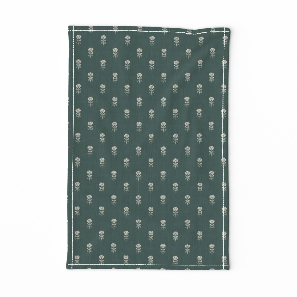 Rustic Block Print Tulip Folk Floral Medium Scale Linen Texture Deep Teal — tea-towel