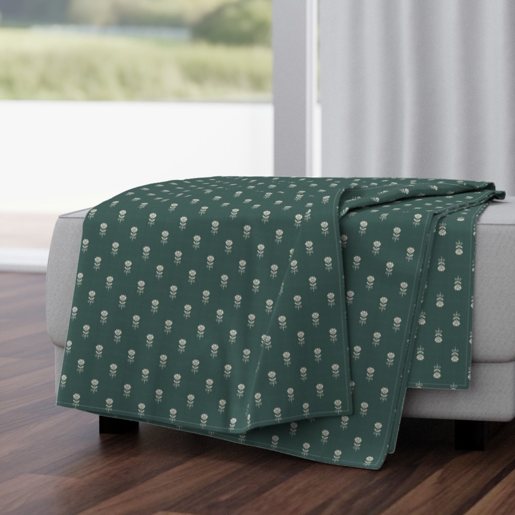 Rustic Block Print Tulip Folk Floral Medium Scale Linen Texture Deep Teal — throw-blanket