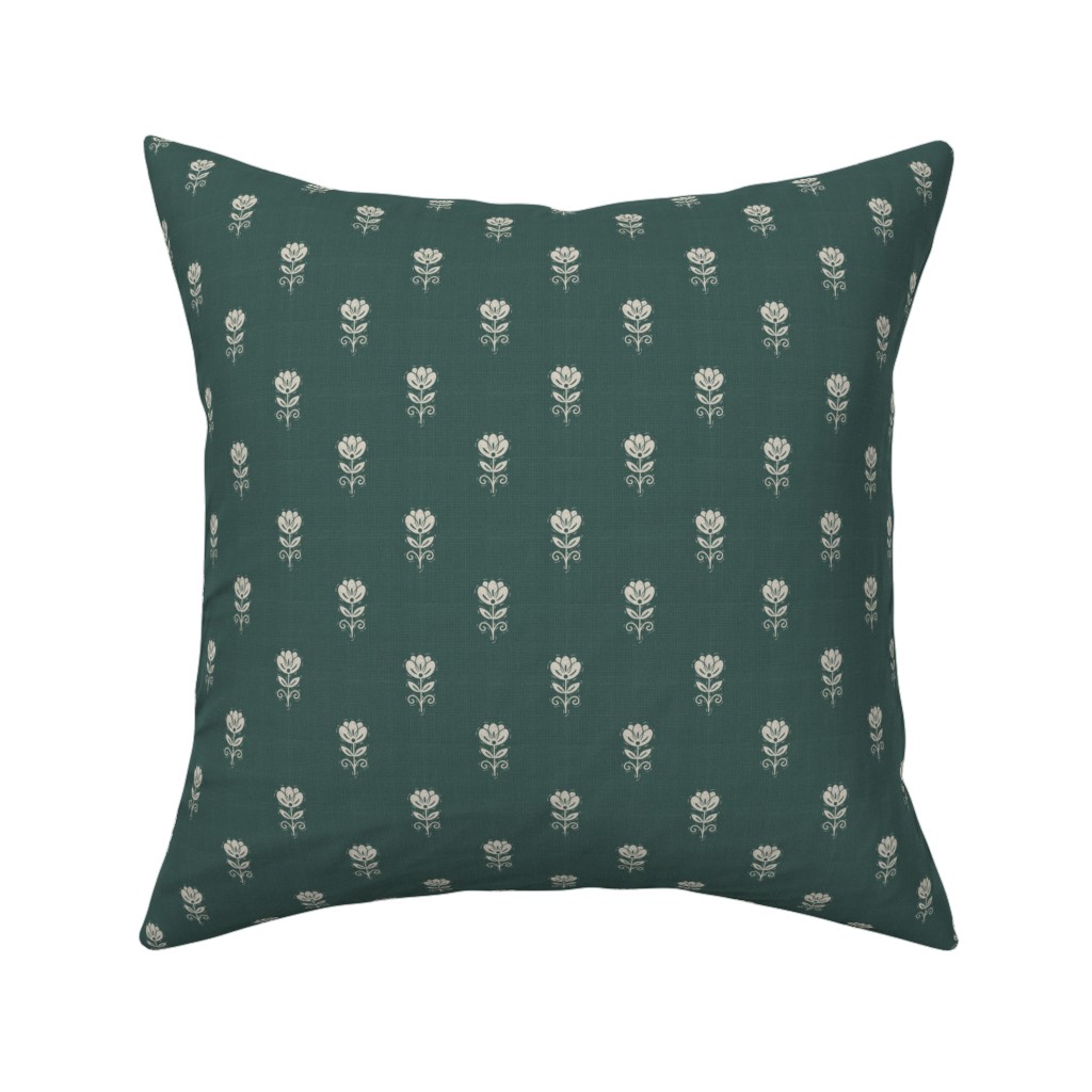 Rustic Block Print Tulip Folk Floral Medium Scale Linen Texture Deep Teal — throw-pillow