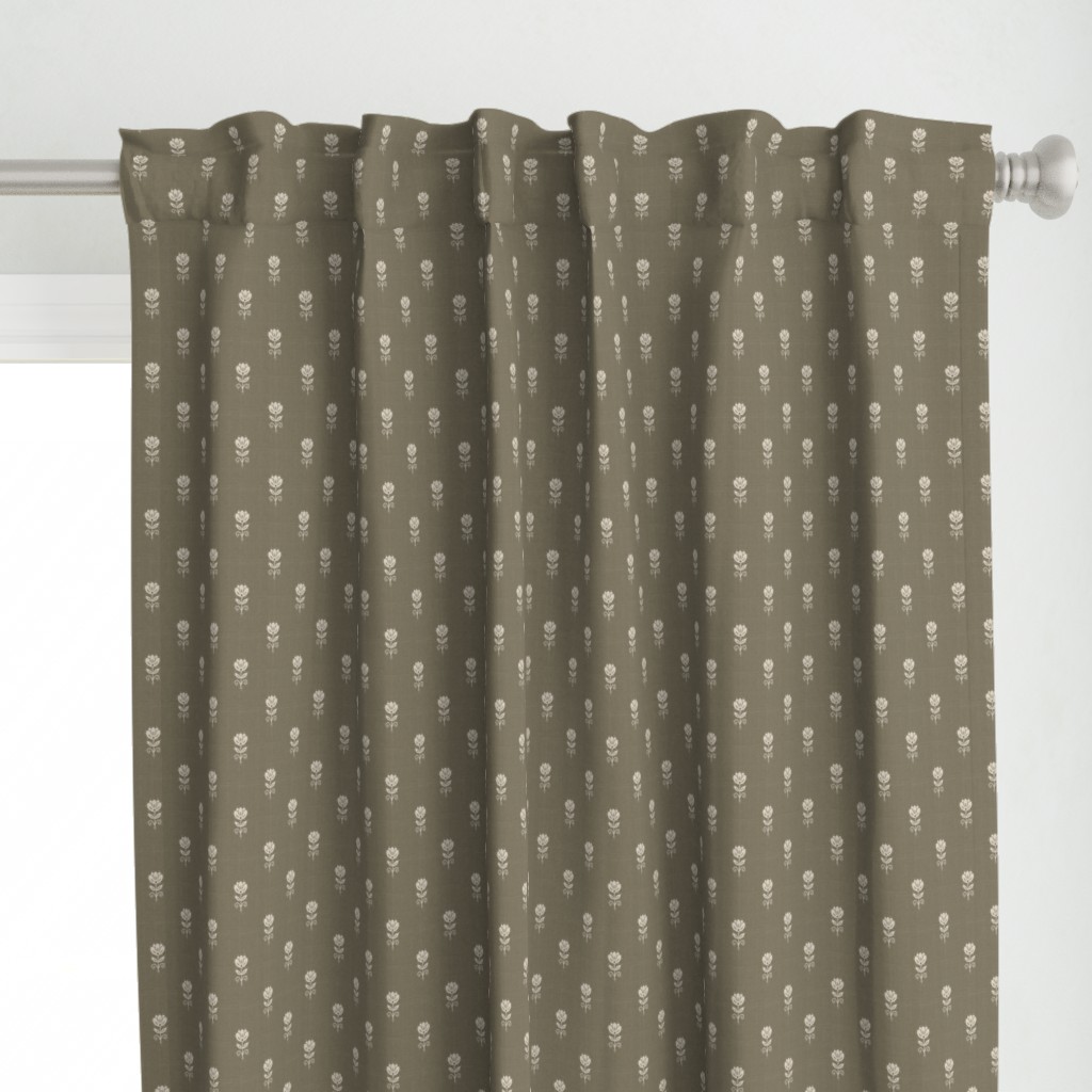 Rustic Block Print Tulip Folk Floral Medium Scale Linen Texture Warm Taupe — curtains