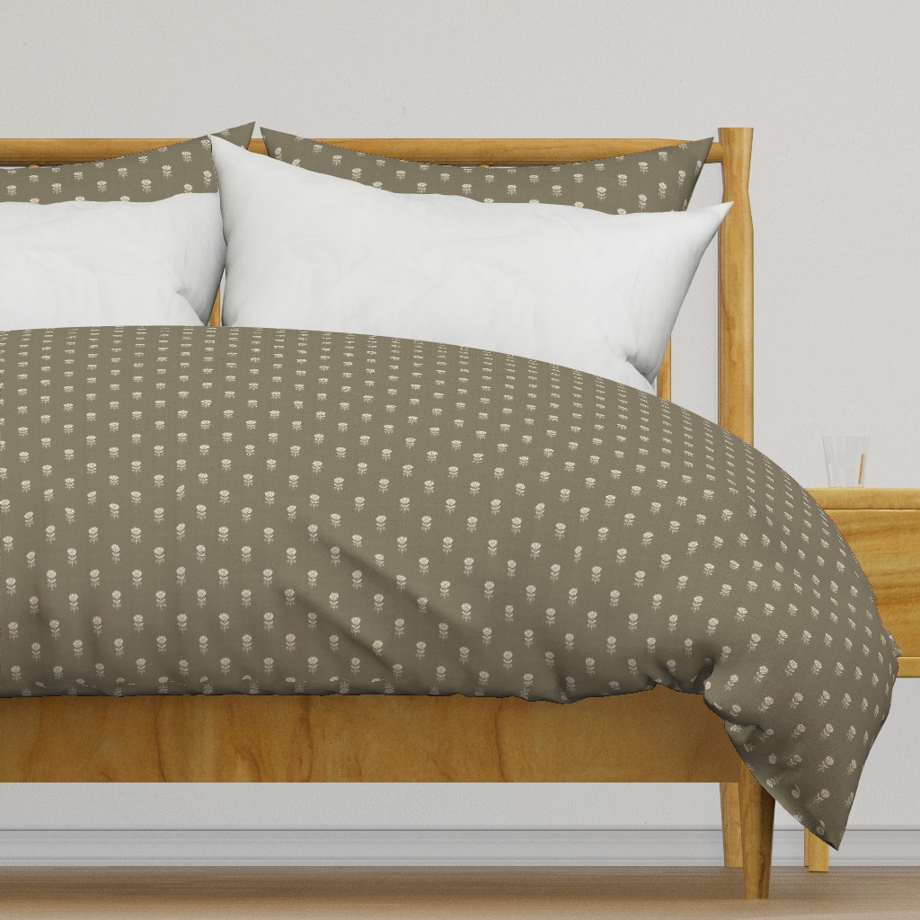 Rustic Block Print Tulip Folk Floral Medium Scale Linen Texture Warm Taupe — duvet-cover