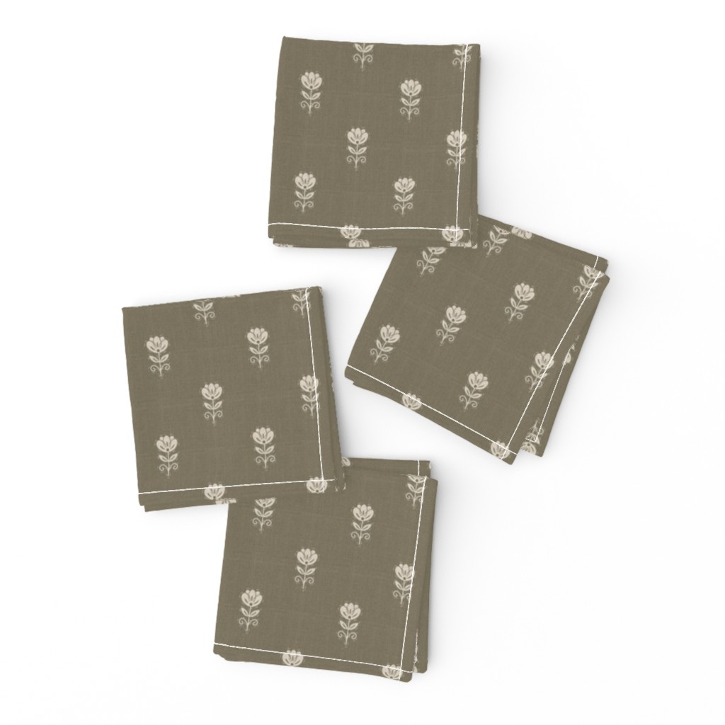 Rustic Block Print Tulip Folk Floral Medium Scale Linen Texture Warm Taupe — napkin