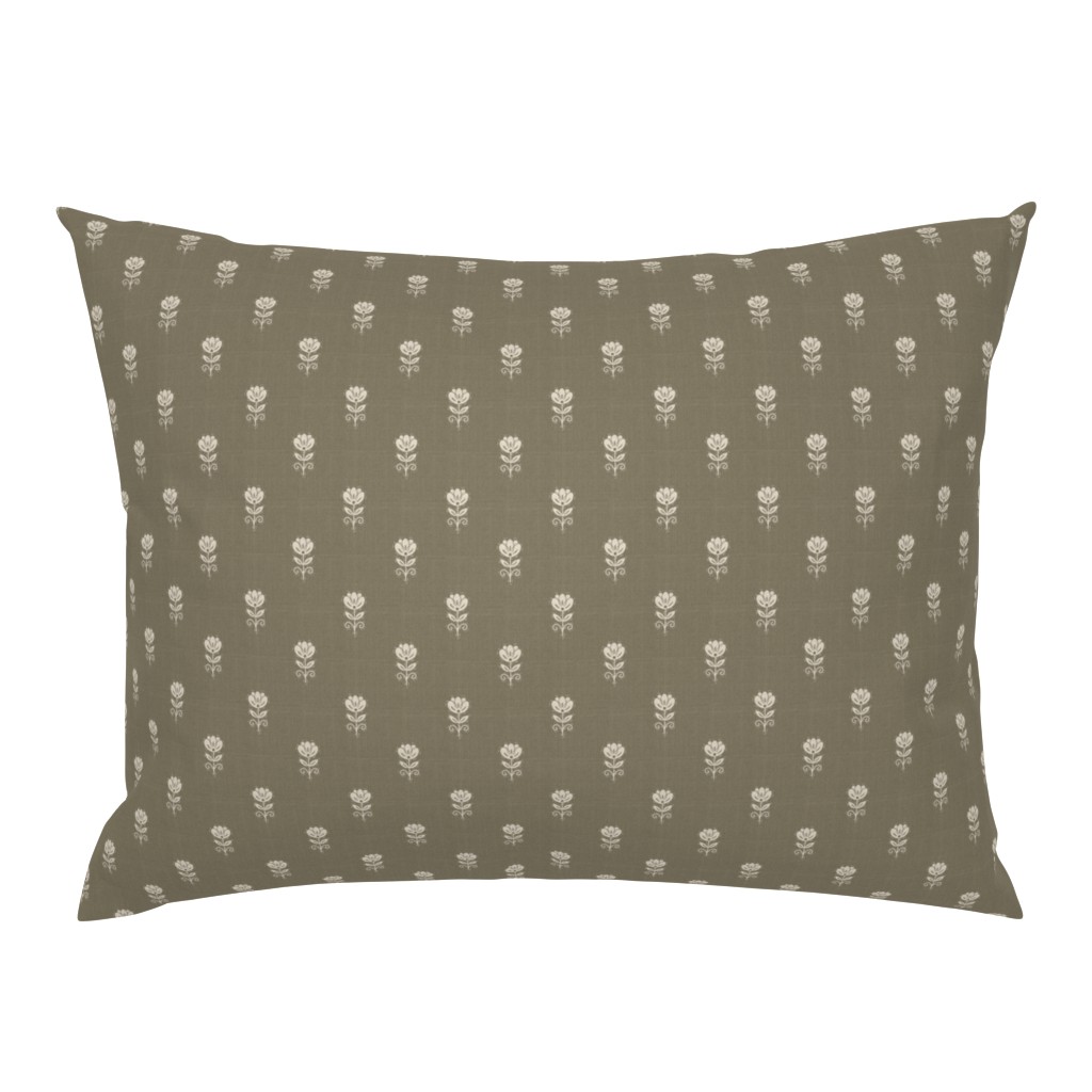 Rustic Block Print Tulip Folk Floral Medium Scale Linen Texture Warm Taupe — pillow-sham